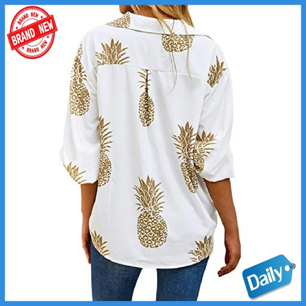 Women's Pineapple Print Lapel Collar Button Down … - image 4